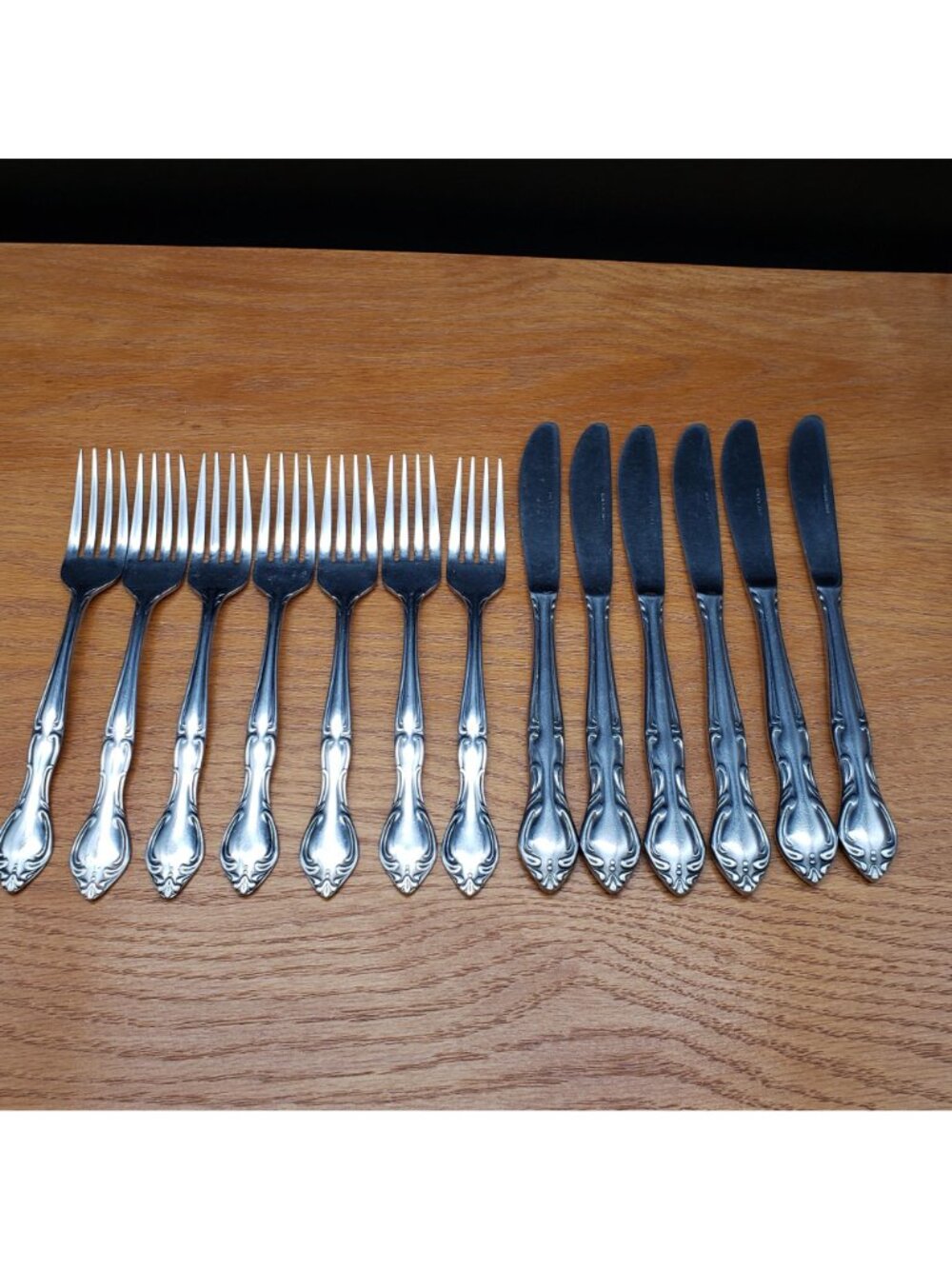 Vintage Hampton Court Stainless Flatware Japan 13 Pc Fork Knife Set MCM Scroll
